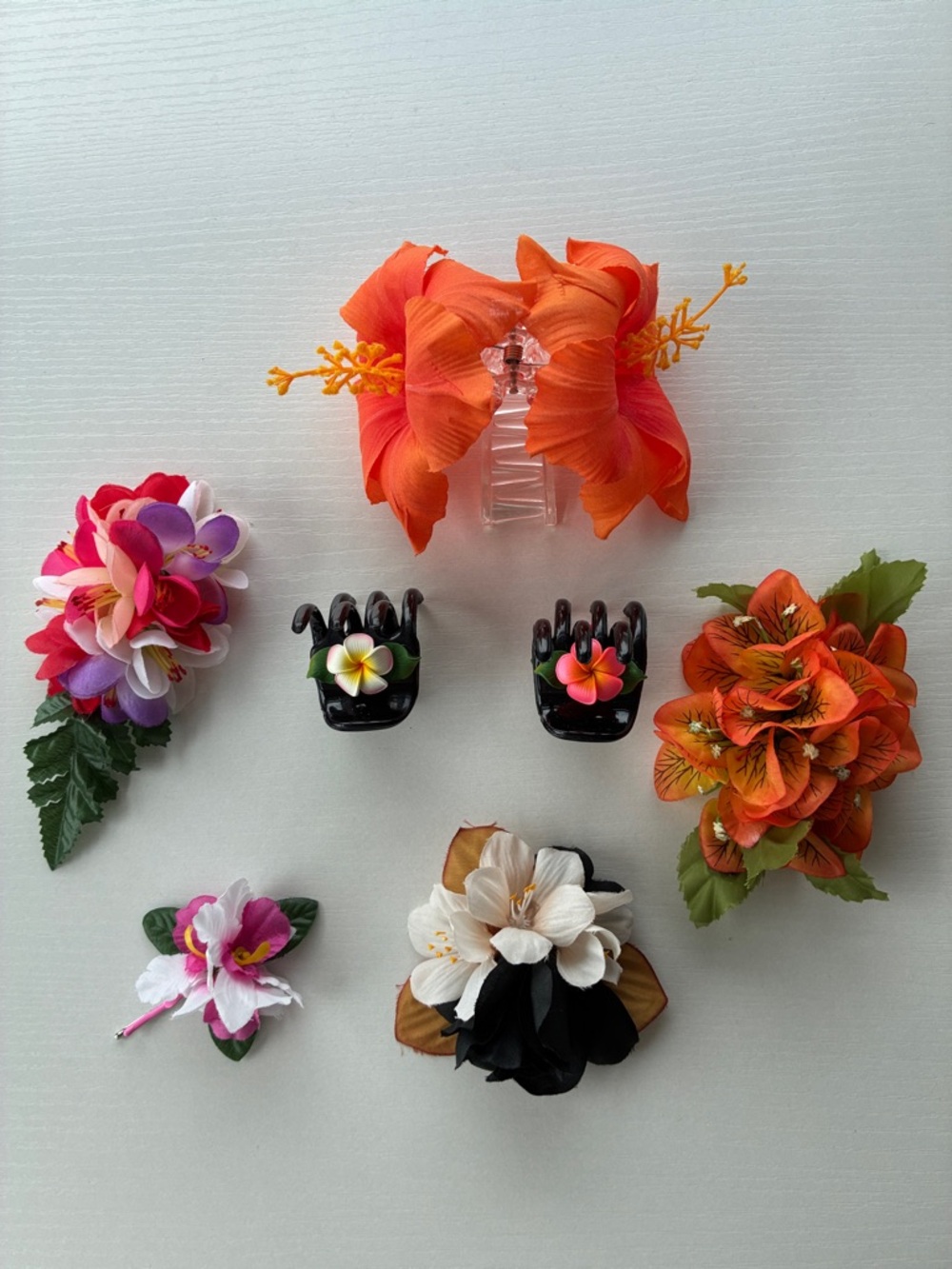 Colorful Floral Hair Clips - Orange, Pink, White, Black, Purple, Green